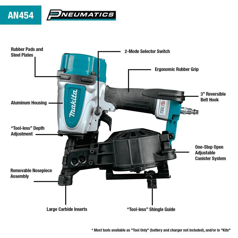 Makita AN454 Pneumatic 1-3/4 in. 15 Degree Coil Roofing Nailer