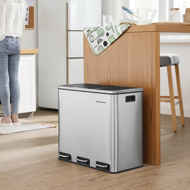 SONGMICS ULTB54NL Trash Can, 3 x 4.8 Gallon Garbage Can, 14.4 Gallon Recycle Bin with Soft-Close Lids, Pedals, and Inner Buckets for Kitchen, Stainless Steel, Silver and Black