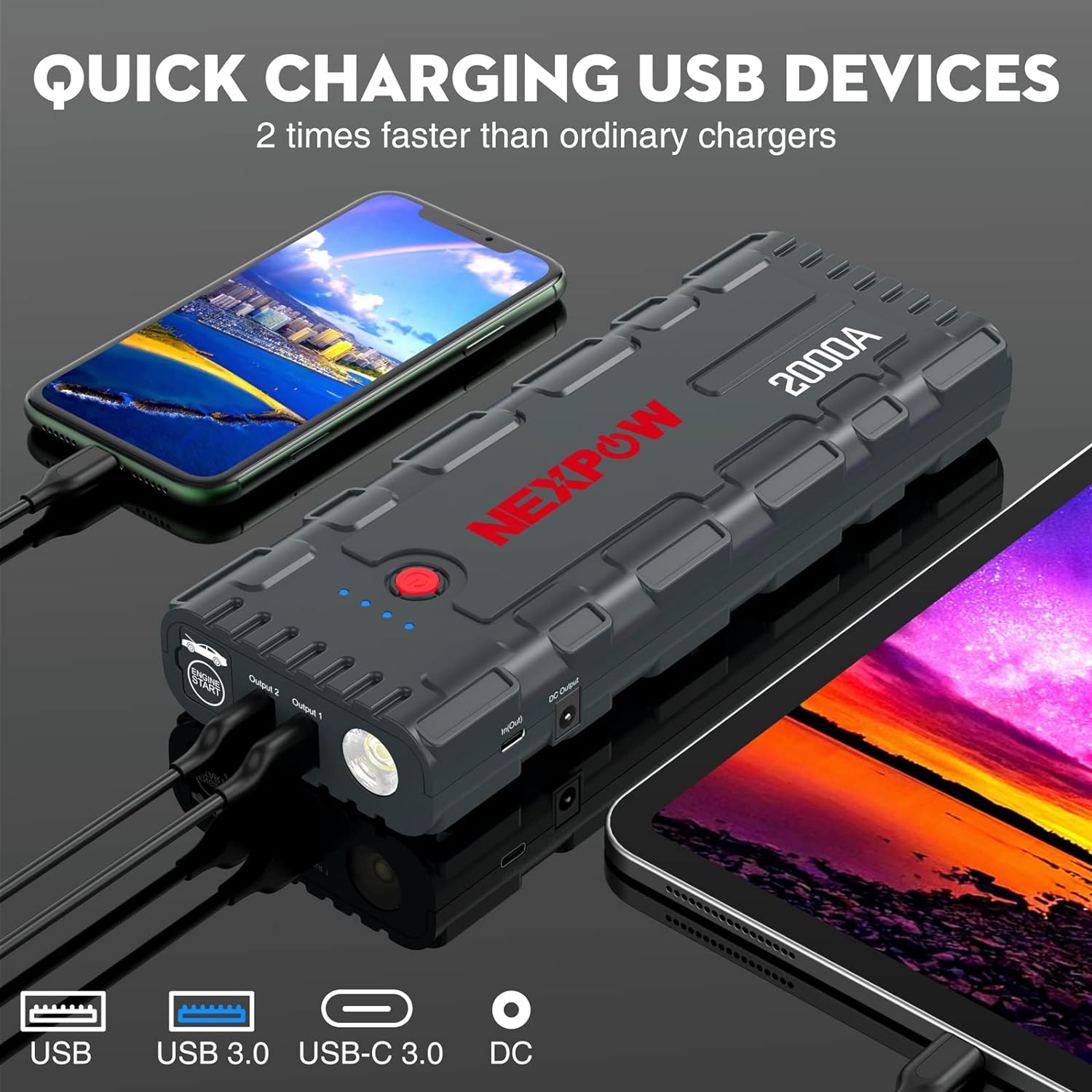 2000a peak 18000mah car jump starter portable battery starter led light