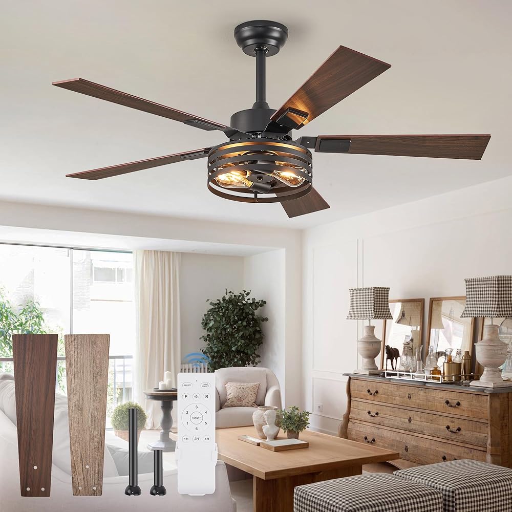 Farmhouse Caged Ceiling Fans with Lights and Remote, 48 Inch Black ...