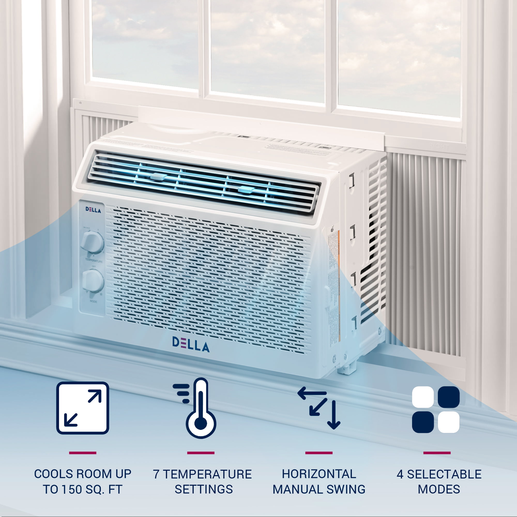 DELLA 5000 BTU 115V/60Hz Energy Saving Window Air Conditioner, Whisper Quiet AC Unit with Easy to Use Mechanical Control and Reusable Filter, Cools Up to 150 Square Feet