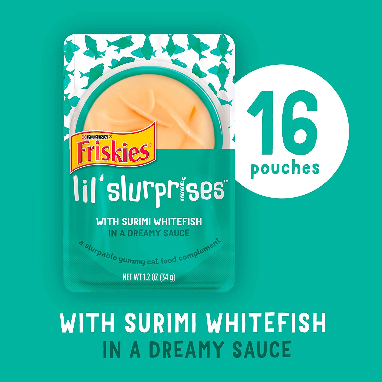 Purina Friskies Cat Food Complement Lil’ Slurprises with Surimi Whitefish – (16) 1.2 oz. Pouches