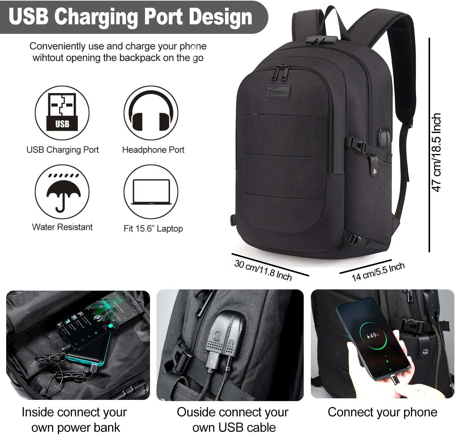 Tzowla Travel Laptop Backpack Water Resistant Anti-Theft Bag with USB Charging Port and Lock 15.6 Inch Computer Business Backpacks for Women Men College School Student Gift,Bookbag Casual Daypack