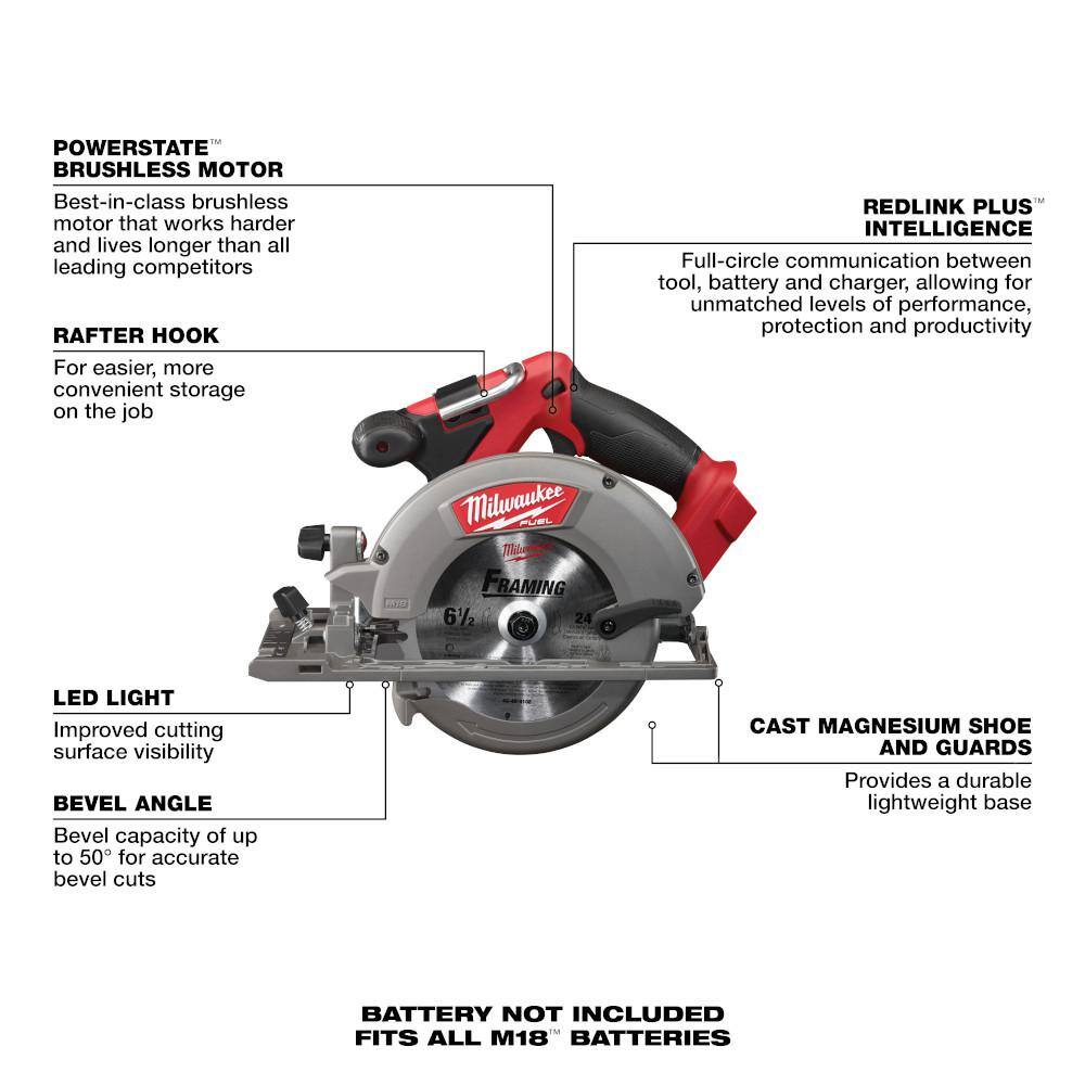 Milwaukee 48-59-1850-2730-20 M18 FUEL 18V Lithium-Ion Brushless Cordless 6-1/2 in. Circular Saw w/5.0Ah Battery Starter Kit