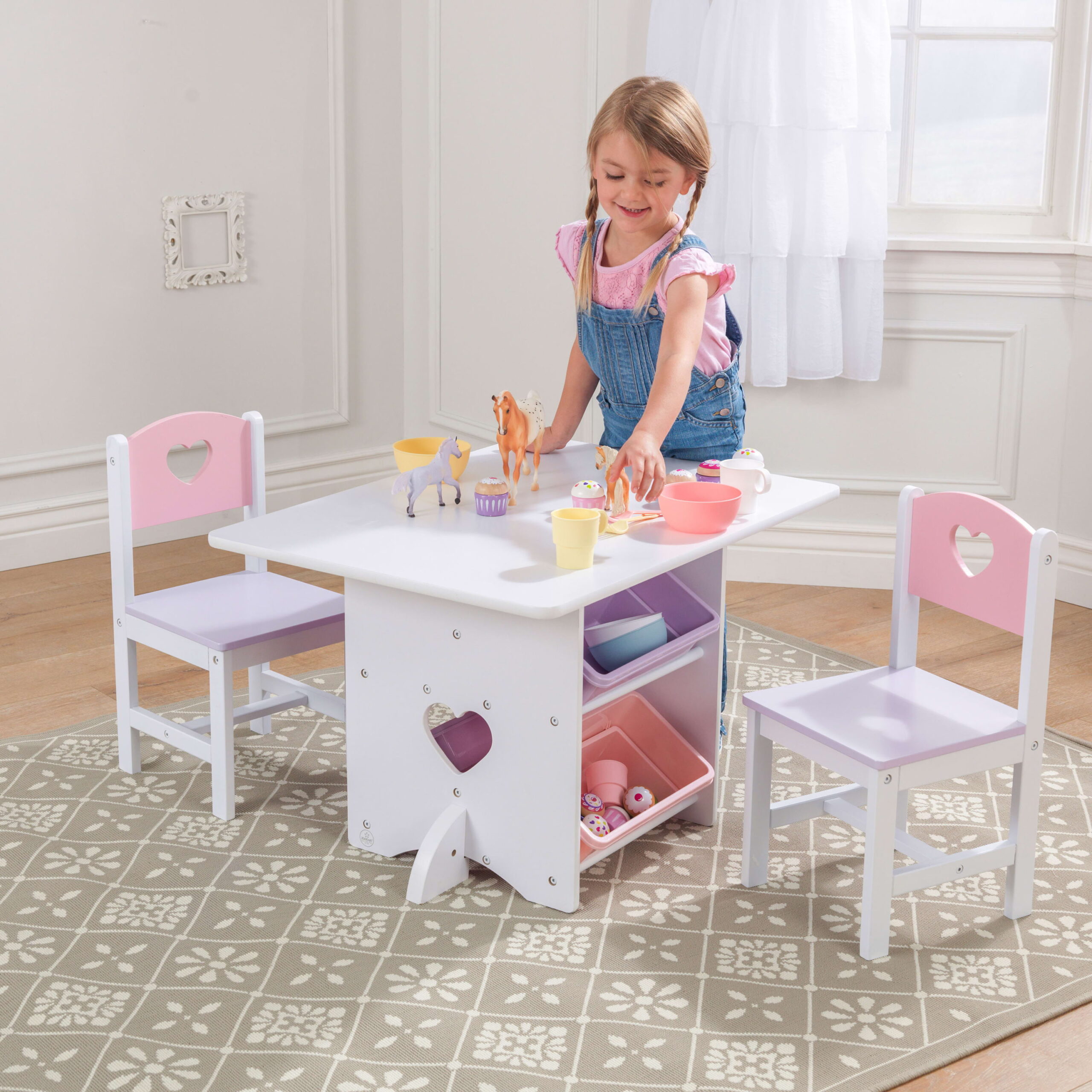 KidKraft Wooden Heart Table & Chair Set with 4 Bins, Pink, Purple & White