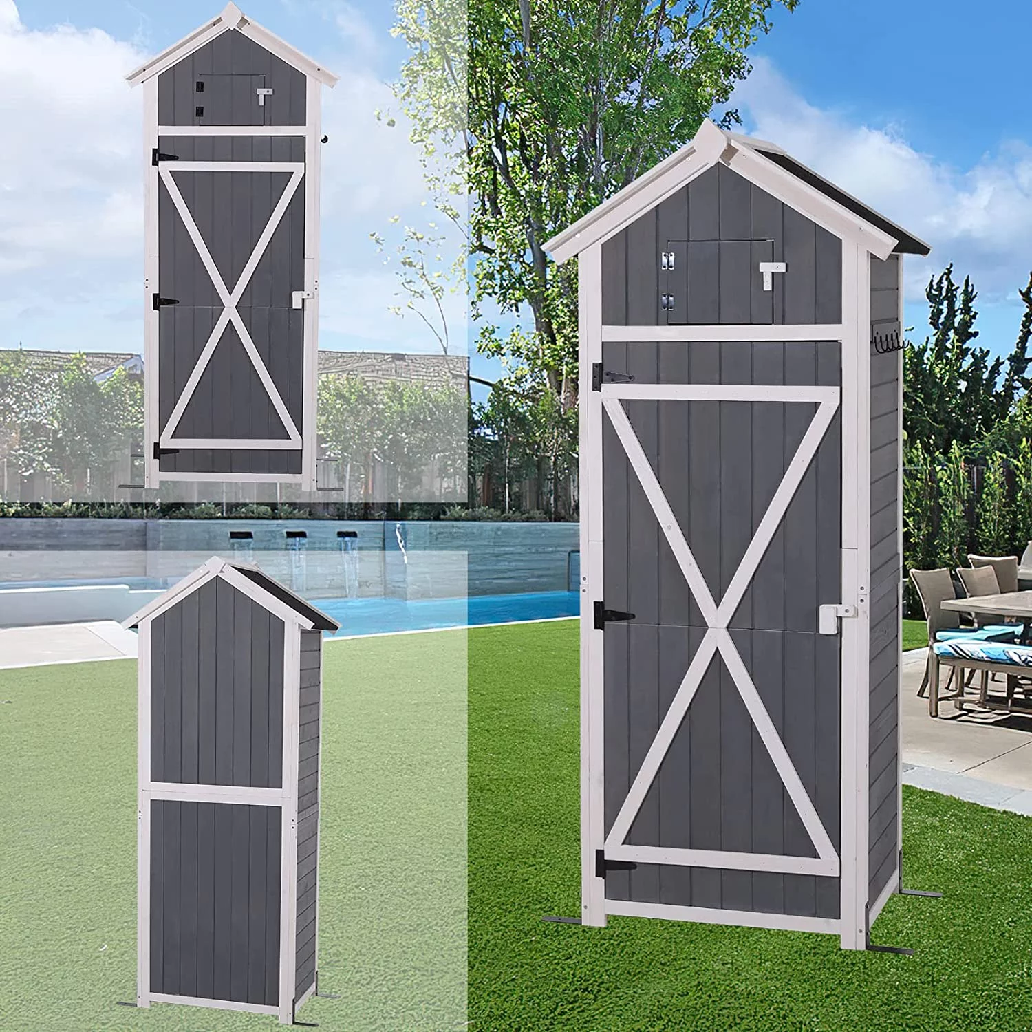 LVUYOYO Garden Storage Shed - Outdoor Wooden Tool Storage Cabinet - Arrow Tool Shed Organizer Fir Wood Lockers for Home. Lawn. Yard