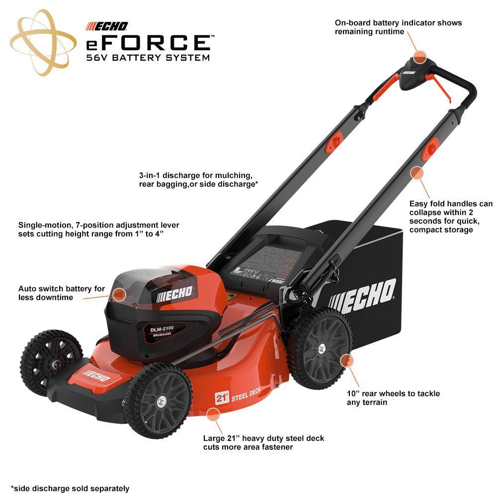 ECHO DLM-2100C2 eFORCE 21 in. 56-Volt Cordless Battery Walk Behind Push Lawn Mower with 5.0 Ah Battery and Standard Charger