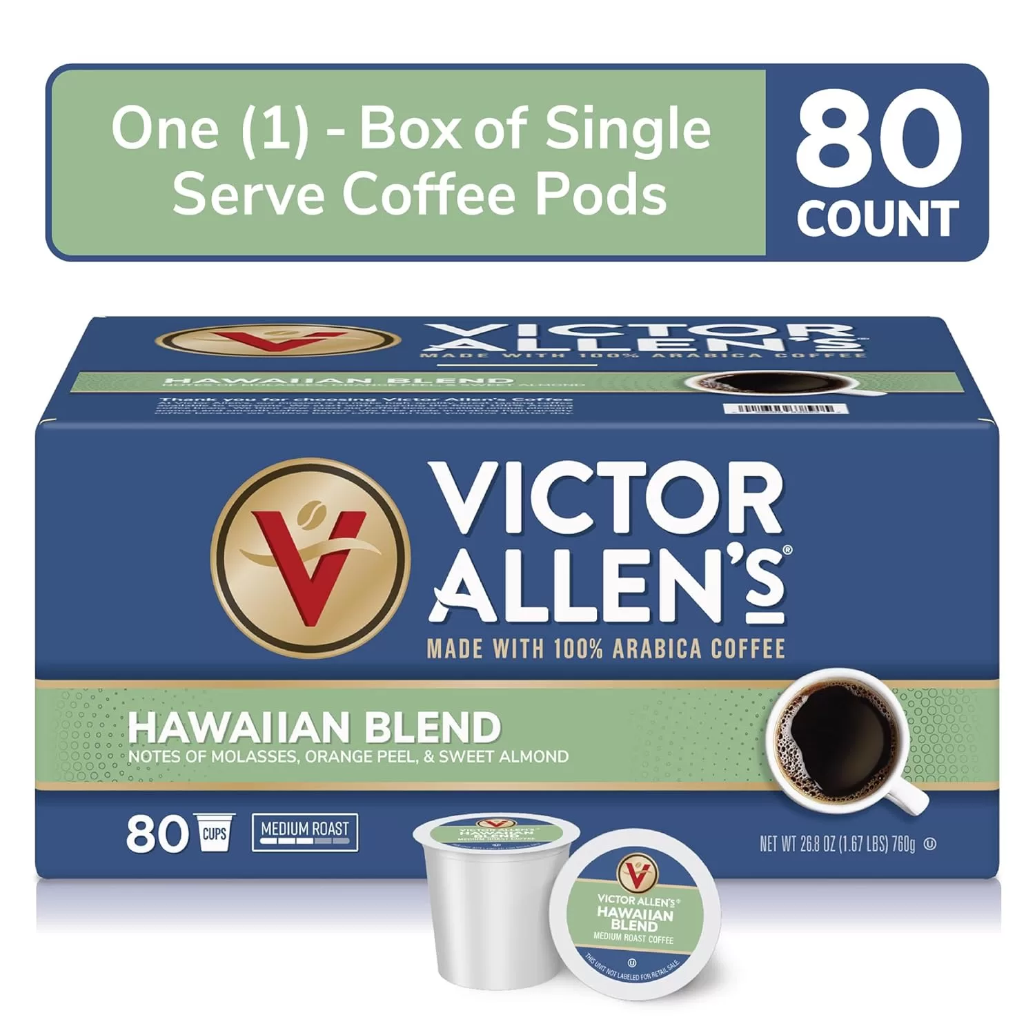Victor Allen’s Coffee Hawaiian Blend, Medium Roast, 80 Count, Single Serve Coffee Pods for Keurig K-Cup Brewers (formerly Kona Blend)