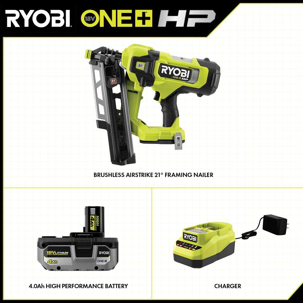 RYOBI PBL345KN ONE+ HP 18V Brushless Cordless AirStrike 21° Framing Nailer Kit with 4.0 Ah Battery and Charger