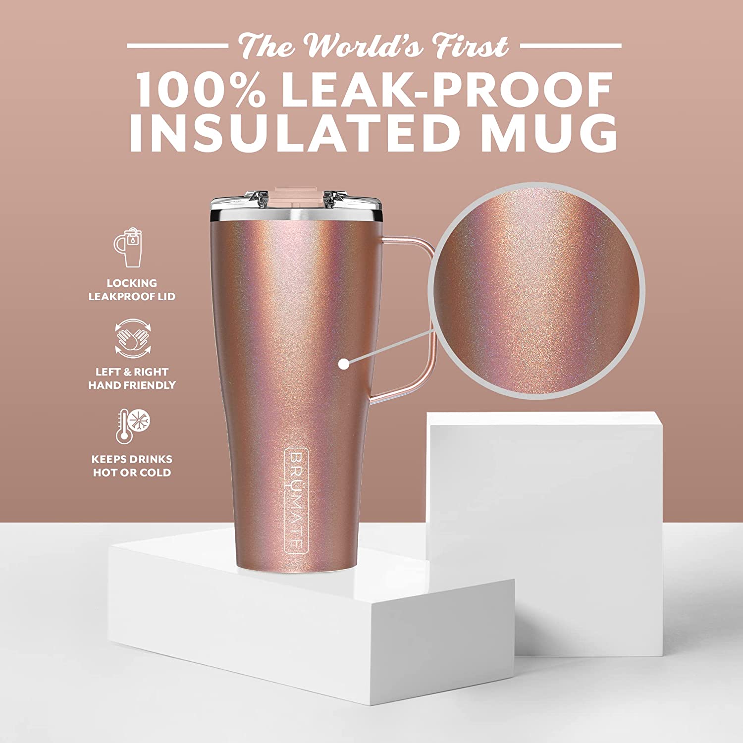 BrüMate Toddy XL – 32oz 100% Leak Proof Insulated Coffee Mug with Handle & Lid – Stainless Steel Coffee Travel Mug – Double Walled Coffee Cup (Glitter Rose Gold)