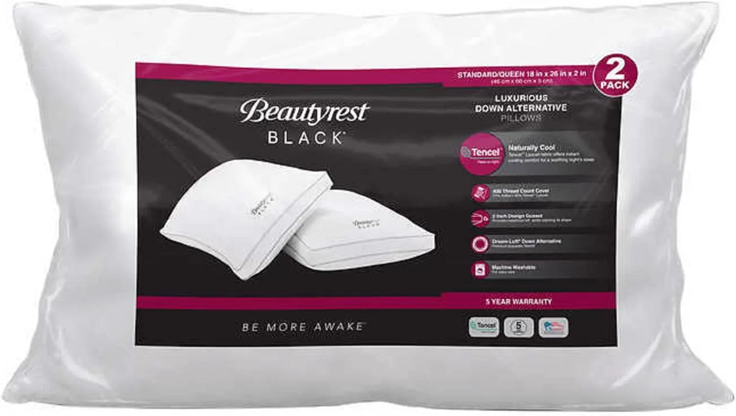 Beautyrest Black Down Alternative Pillows, 2-Pack Standard Queen