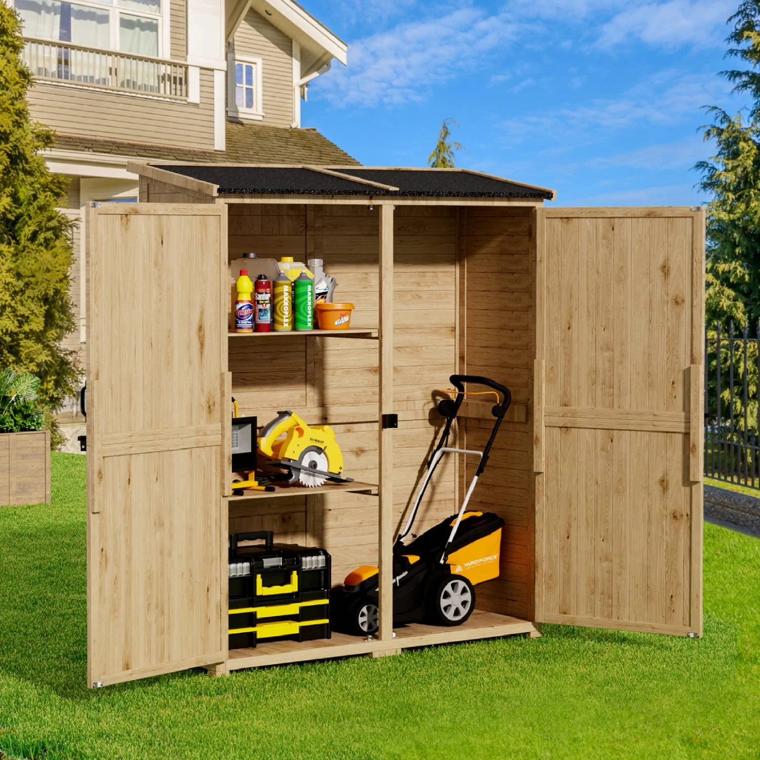 Outdoor Storage Cabinet. Lofka Wooden Outdoor Shed. with 2 Lockable Doors and Handles. 5.3ft x4.6ft. Natural