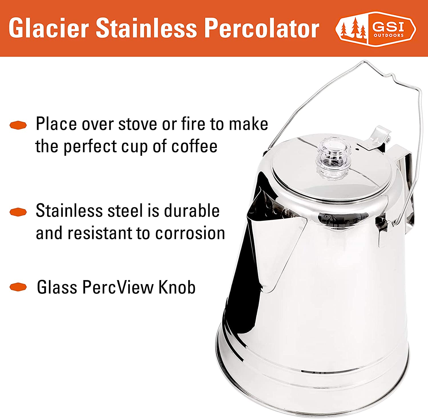 GSI Outdoors 65014 Percolator Coffee Pot I Glacier Stainless Steel Ultra-Rugged for Brewing Coffee Over Stove and Fire | Ideal for Group Camping, 14 Cup