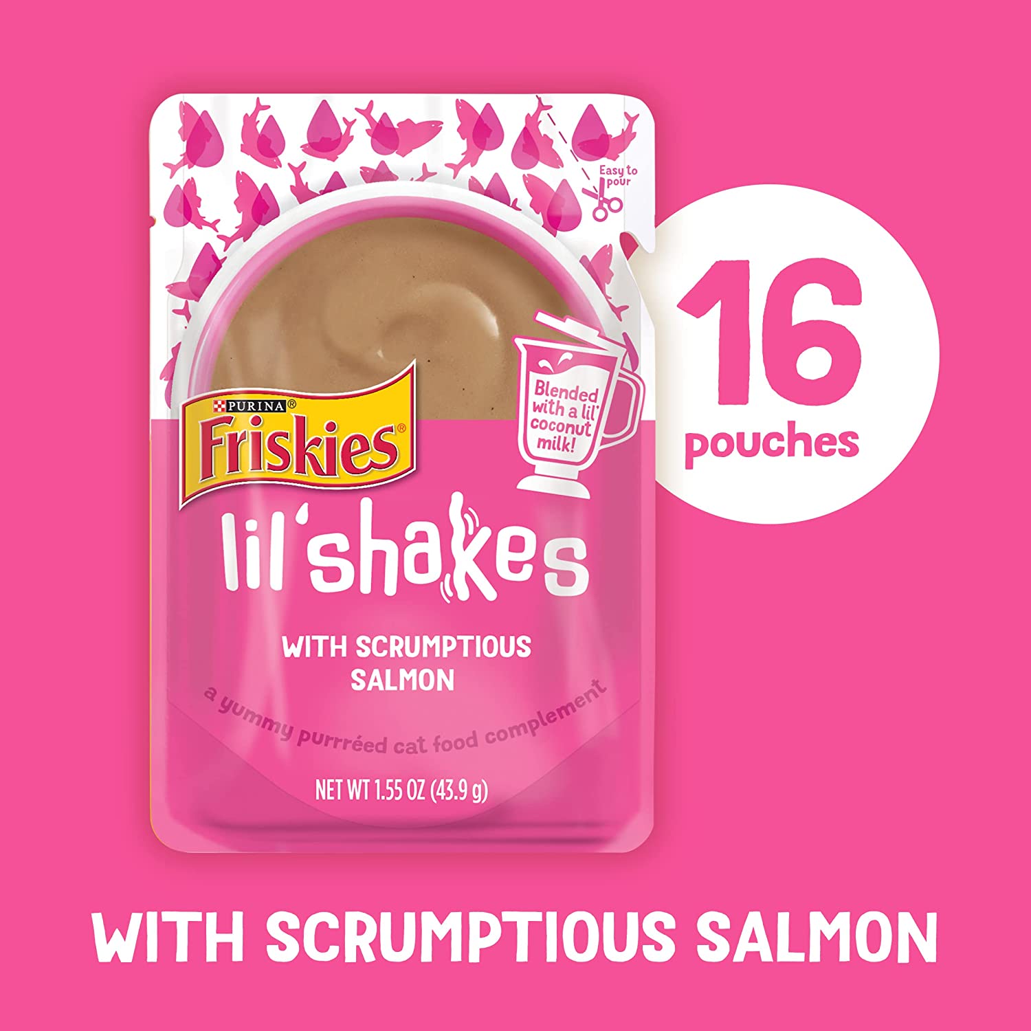 Purina Friskies Pureed Cat Food Topper Lil’ Shakes with Scrumptious Salmon – (16) 1.55 oz. Pouches