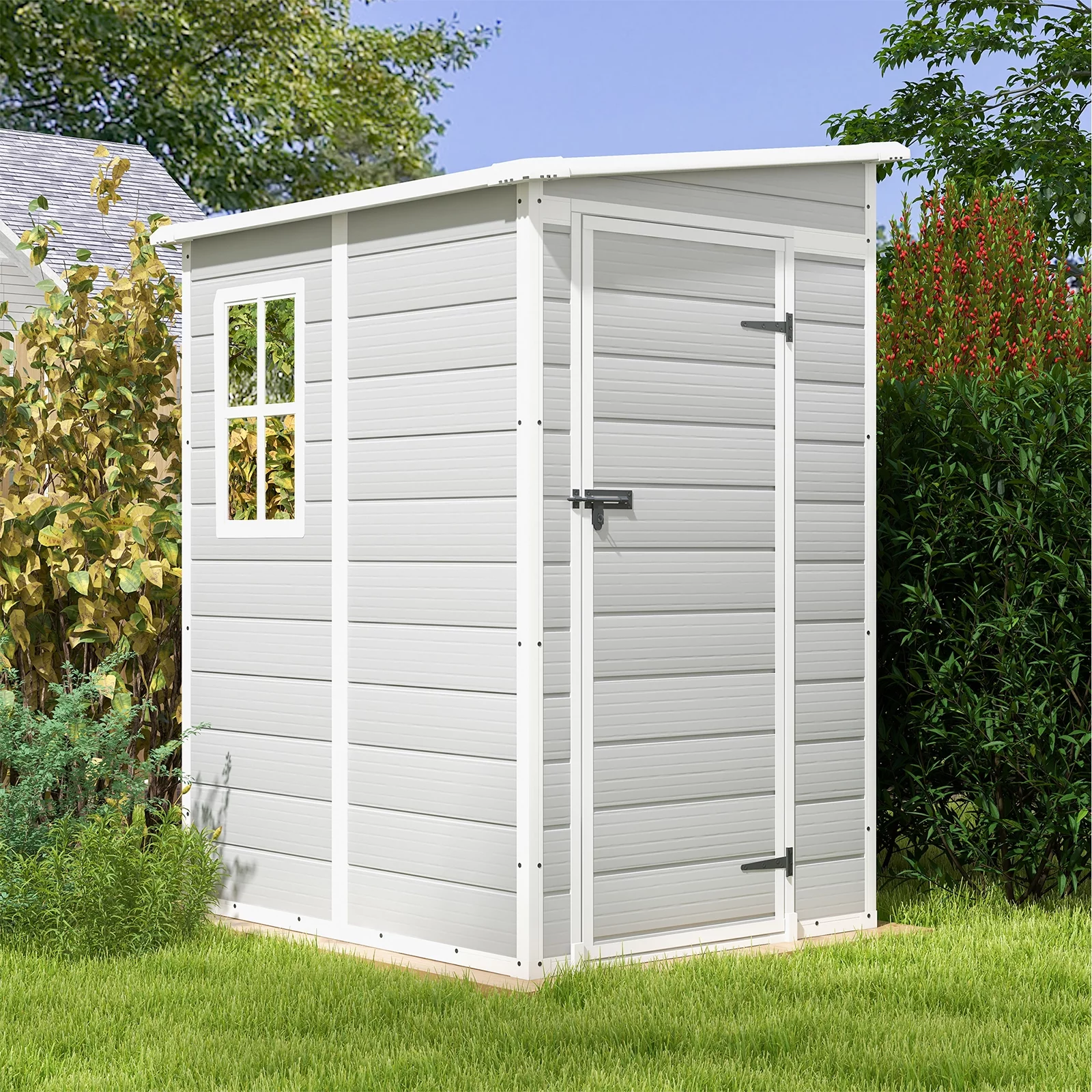 Patiowell 5x4 FT Outdoor Storage Shed. Resin Storage Shed with Floor & Window & Lockable Door for Patio Furniture. Garden Tools and Bicycle. White