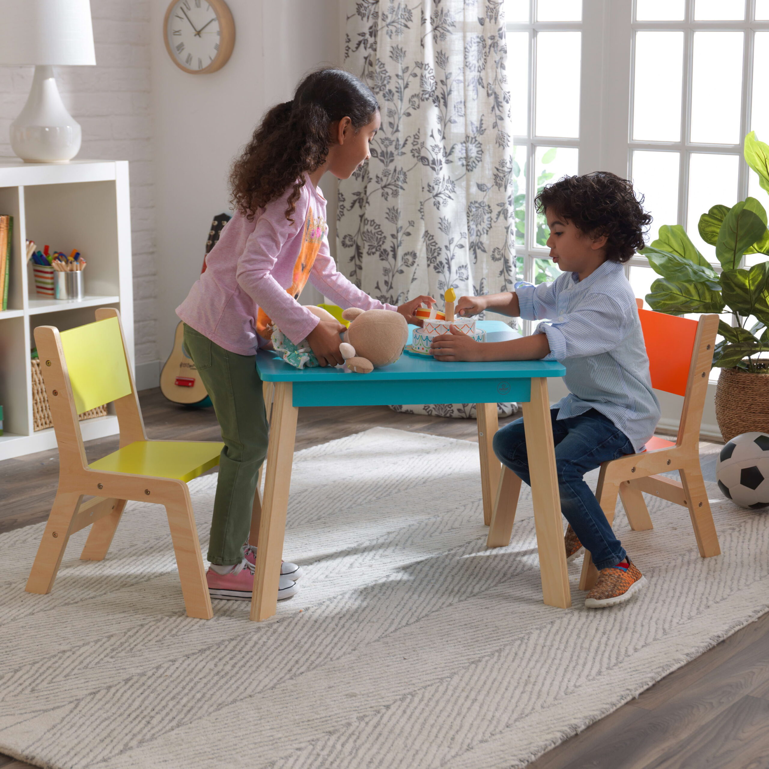 KidKraft Children’s Modern Table and Chair Set, Natural and Highlighter