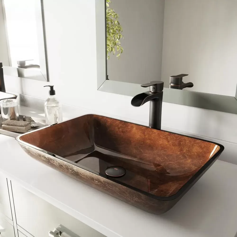 VIGO VGT1055 Glass Rectangular Vessel Bathroom Sink, Chocolate Brown, Antique Rubbed Bronze