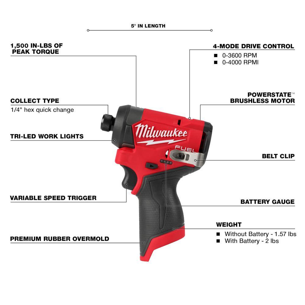 Milwaukee 3453-20 M12 FUEL 12V Lithium-Ion Brushless Cordless 1/4 in. Hex Impact Driver (Tool-Only)