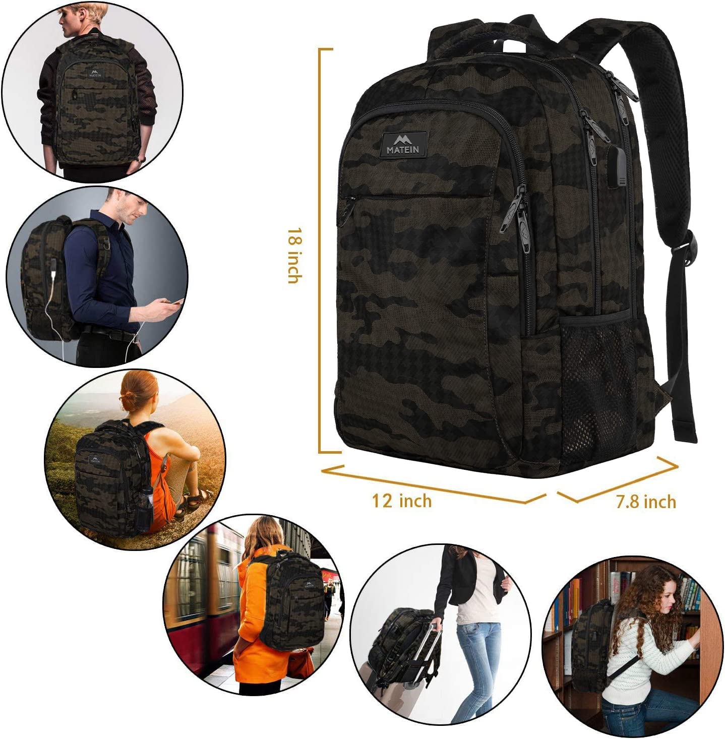 MATEIN Camo Backpack, Camouflage Outdoor Travel Laptop Backpack for Travel Accessories, Lightweight Durable School Bag with Charging Port Fashion Daypack for Men and Women Fit 15.6 Inch Laptop & Computer