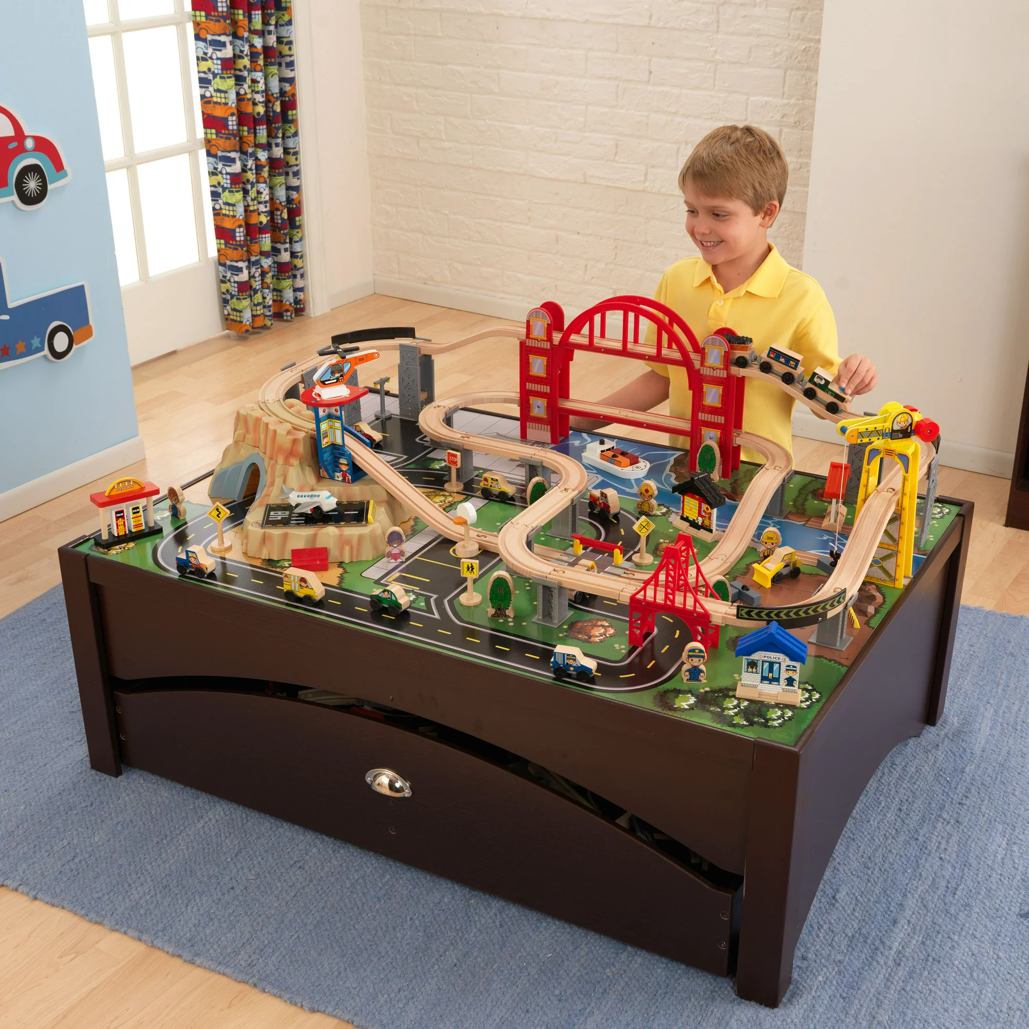 KidKraft Metropolis Wooden Train Set & Table with 100 Pieces and Storage Drawer, Espresso
