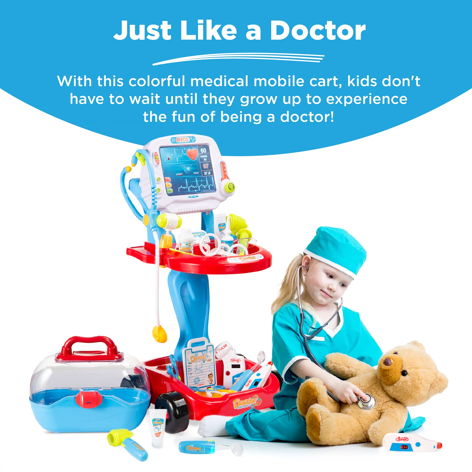 Best Choice Products Play Doctor Kit for Kids, Pretend Medical Station Set with Carrying Case, Mobile Cart