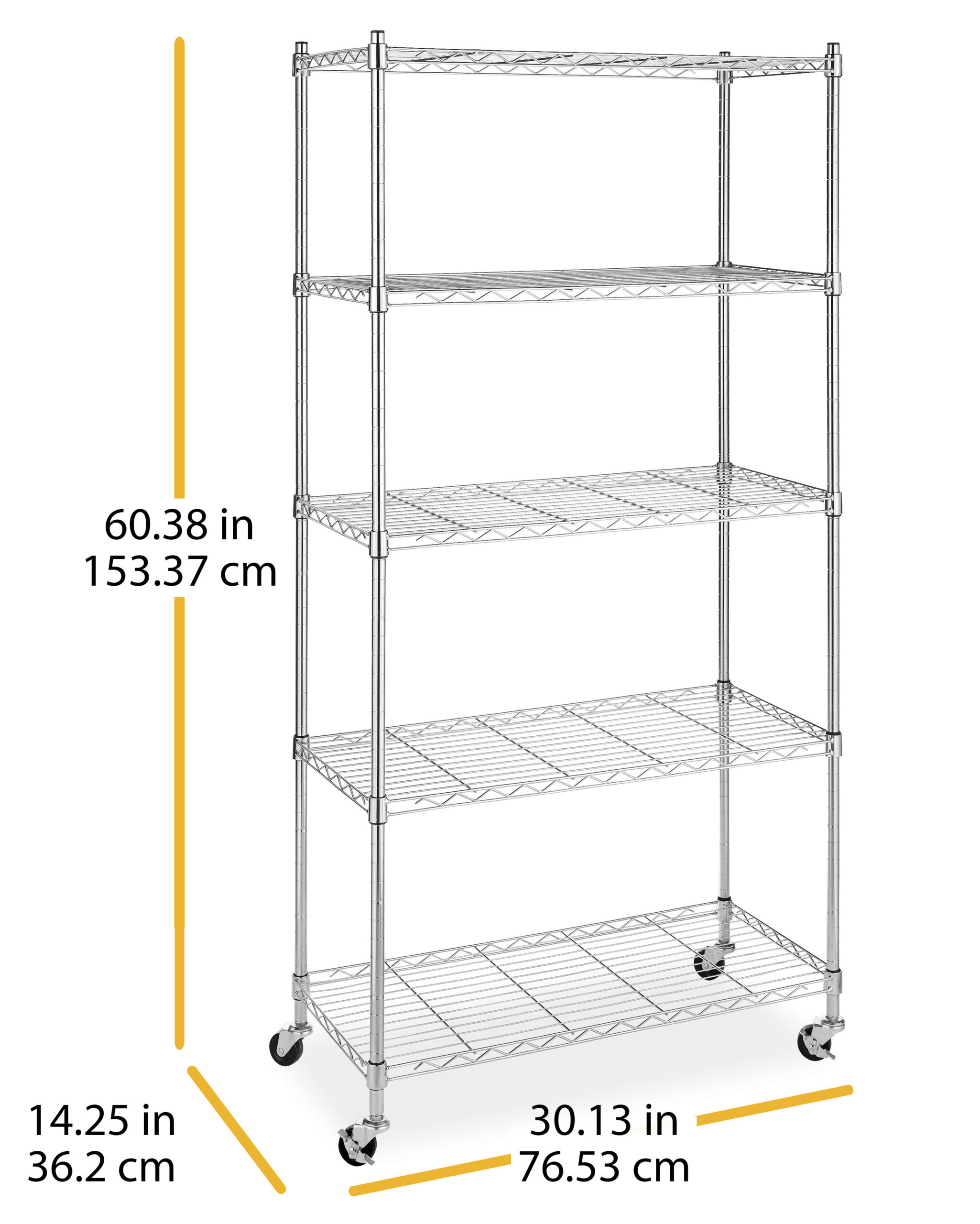 Whitmor Supreme 5-Tier Cart – Rolling Utility Organizer – Chrome – 14.25′′ x 30.125′′ x 60.375′′