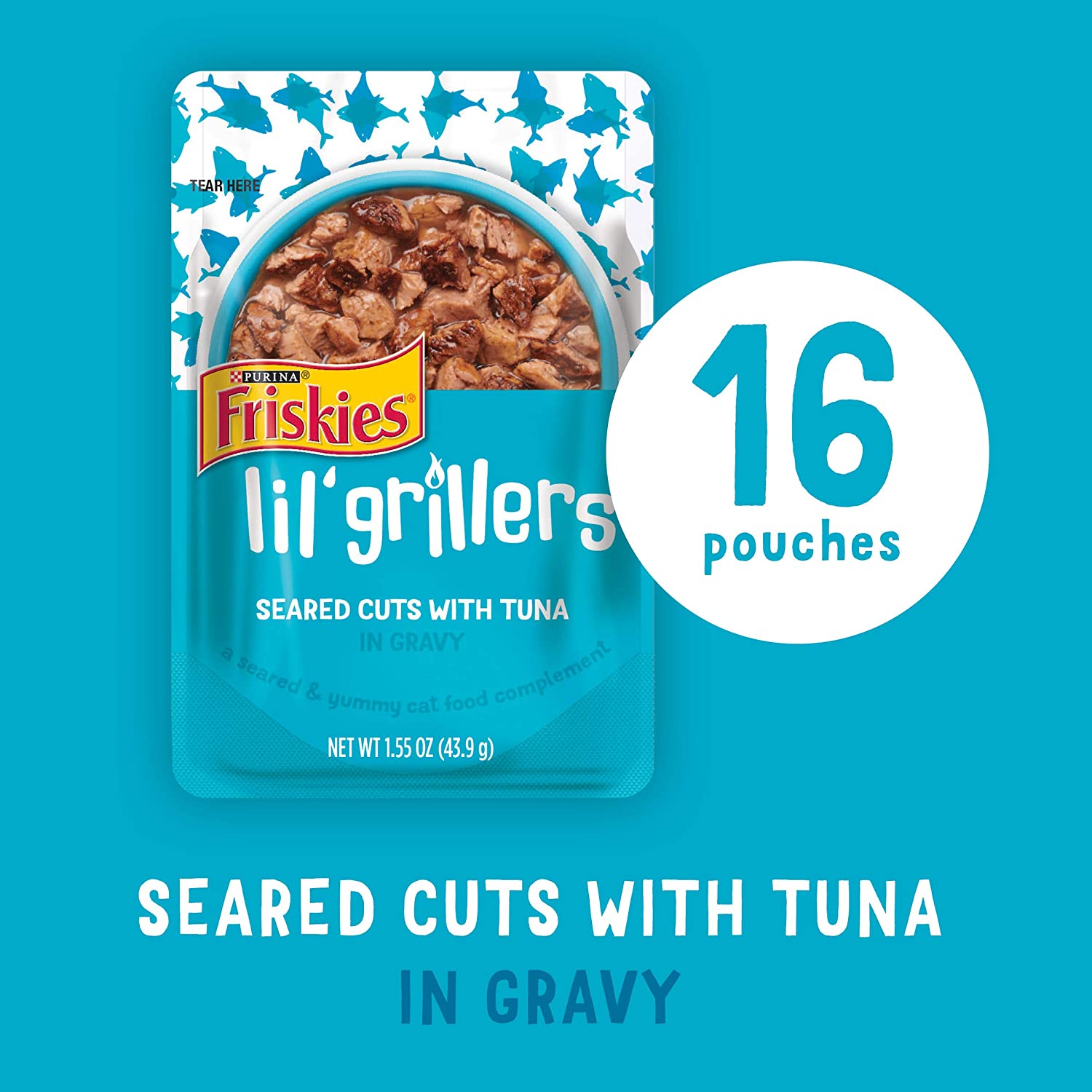 Purina Friskies Gravy Wet Cat Food Complement Lil’ Grillers Seared Cuts With Tuna – (16) 1.55 oz. Pouches