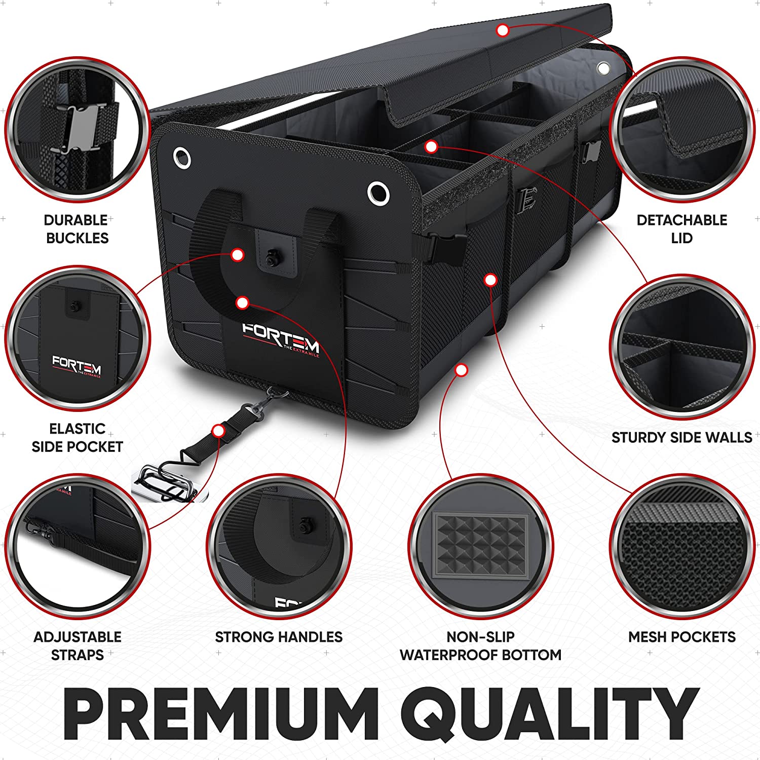 FORTEM Car Trunk Organizer, SUV Trunk Organizer, Car Storage Organizer, Collapsible Multi Compartment Car Organizer, Non Slip Bottom, Adjustable Securing Straps, Foldable Cover (3 Compartments, Black)