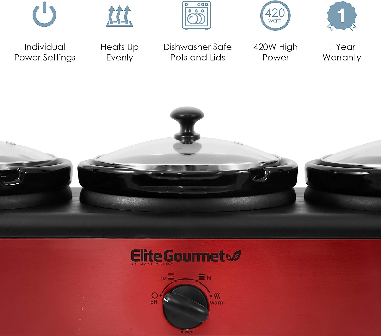 Elite Platinum EWMST-325R Maxi-Matic Triple Slow Cooker Buffet Server Adjustable Temp Dishwasher-Safe Oval Ceramic Pots, Lid Rests, 3 x 2.5 Qt Capacity, Red