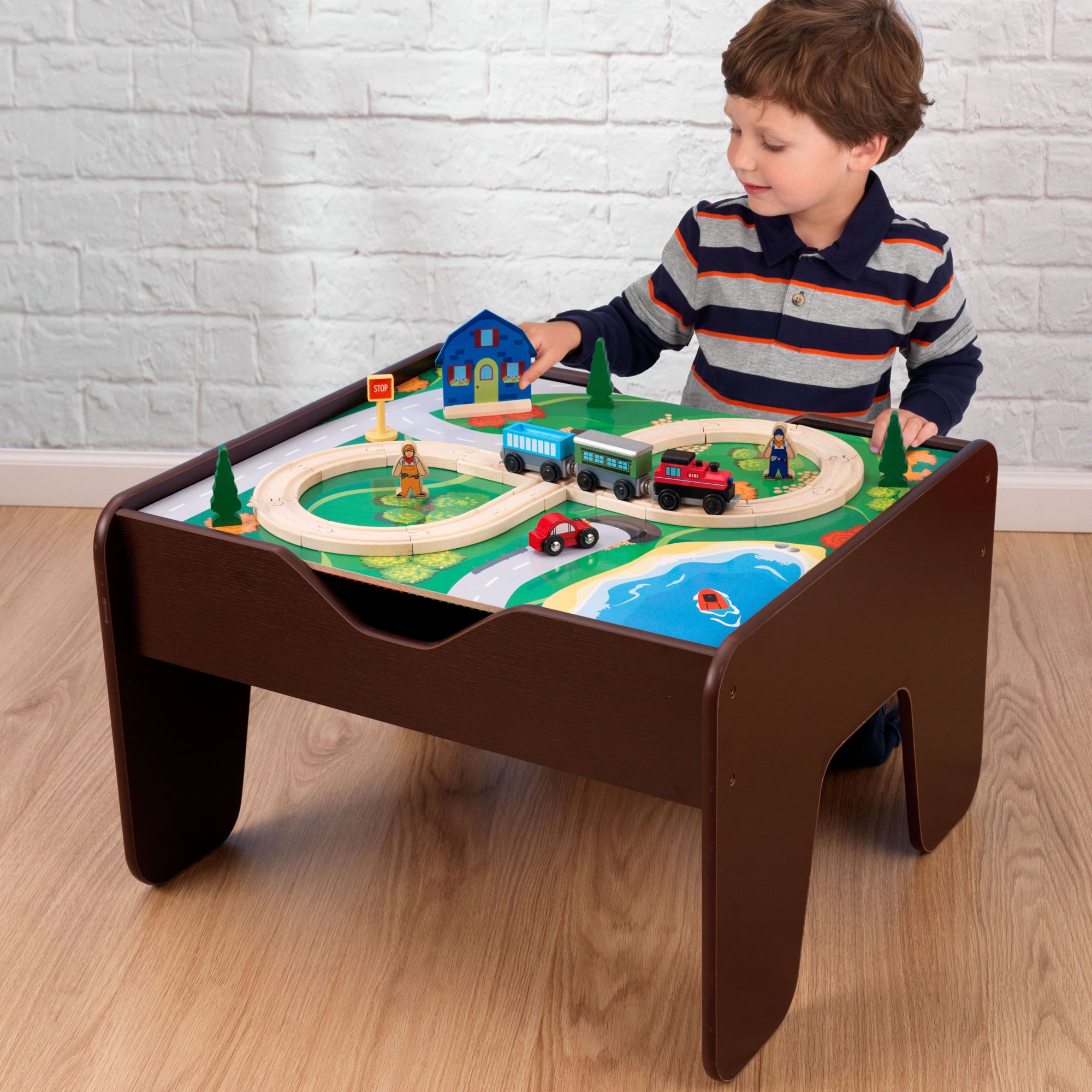 KidKraft Reversible Wooden Activity Table with Board and Train Set, Espresso