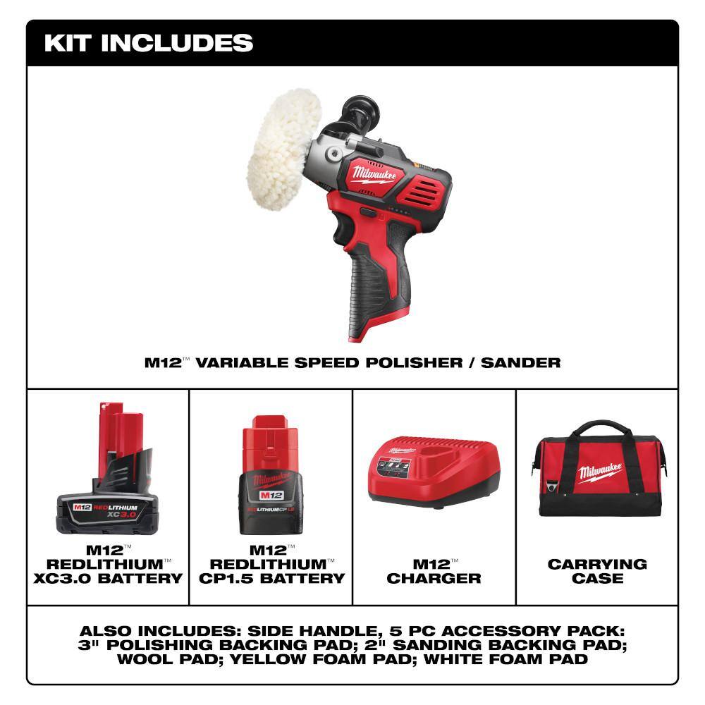 Milwaukee 2438-22X M12 12V Lithium-Ion Cordless Variable Speed Polisher/Sander Kit W/(2) M12 Batteries, Accessories, Charger & Tool Bag