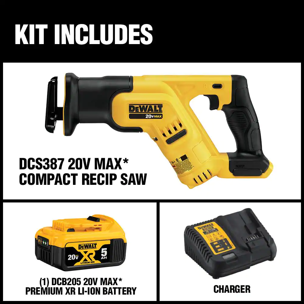DEWALT DCS387P1 20-Volt MAX Lithium-Ion Cordless Compact Reciprocating Saw Kit with Battery 5Ah, Charger and Contractor Bag