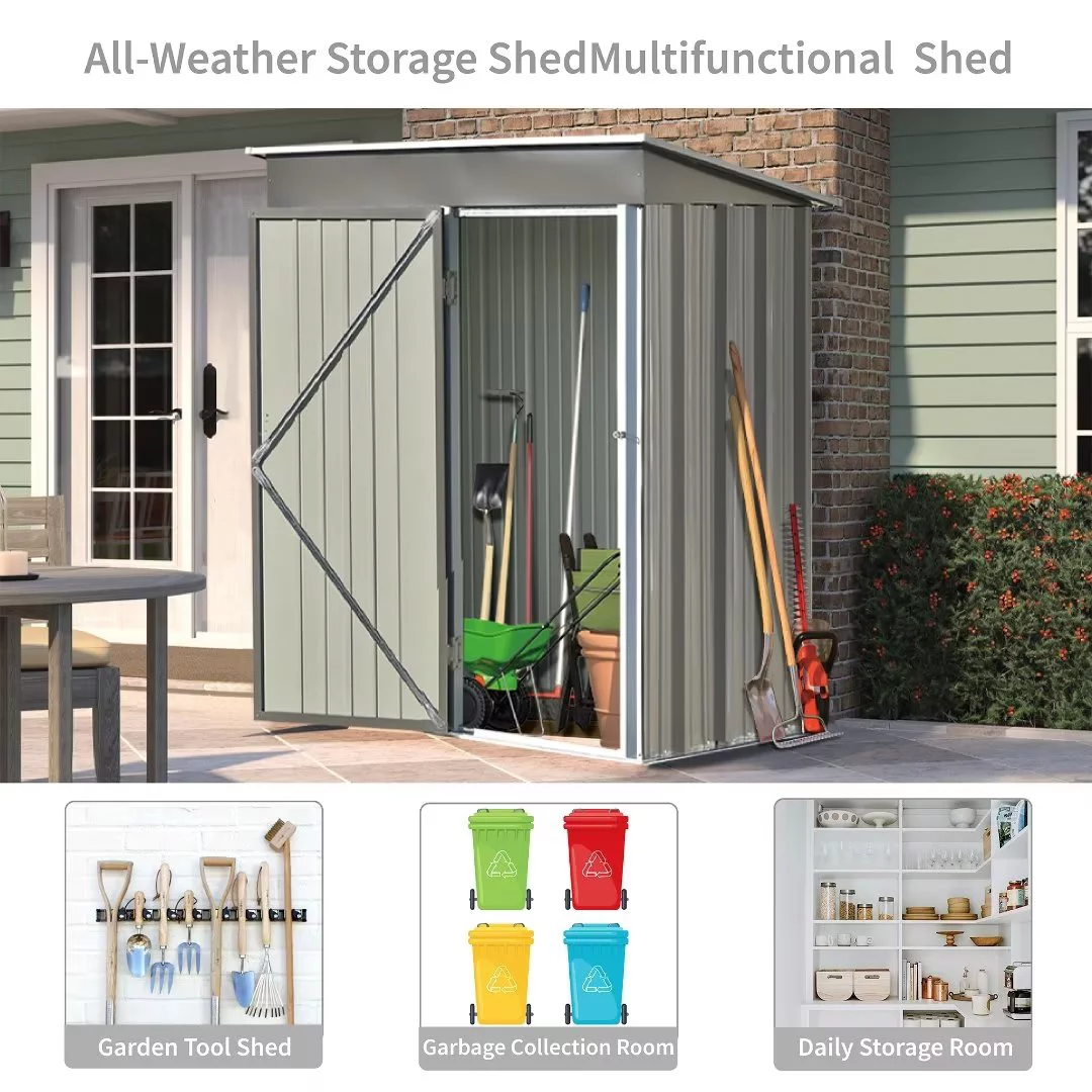 5x3 FT Outdoor Storage Shed with Shelf. Metal Lean-to Garden Shed with Lockable Door for Bike. Garbage Can. Tool. Lawnmower. Outside Steel Sheds Storage Galvanized for Backyard. Patio. Lawn. Grey