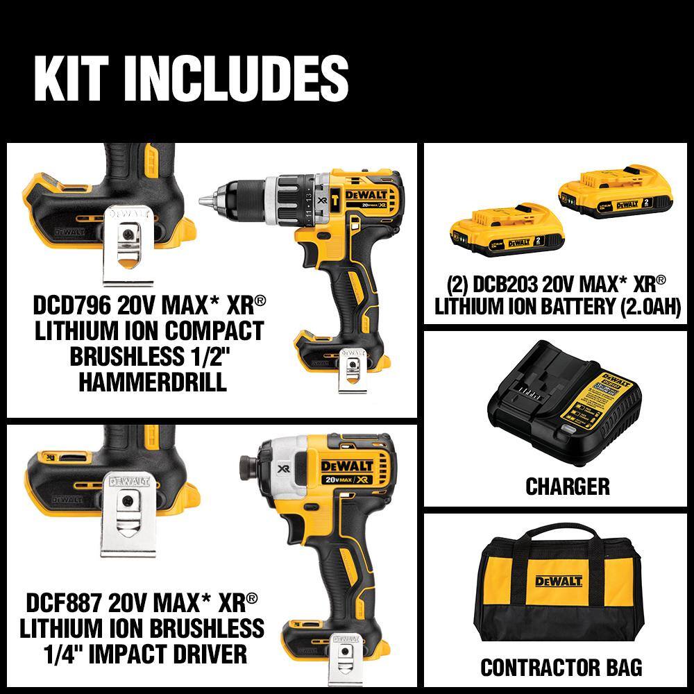 DEWALT DCK287D2 20-Volt MAX XR Cordless Brushless Hammer Drill/Impact Combo Kit (2-Tool) with (2) 20-Volt 2.0Ah Batteries and Charger