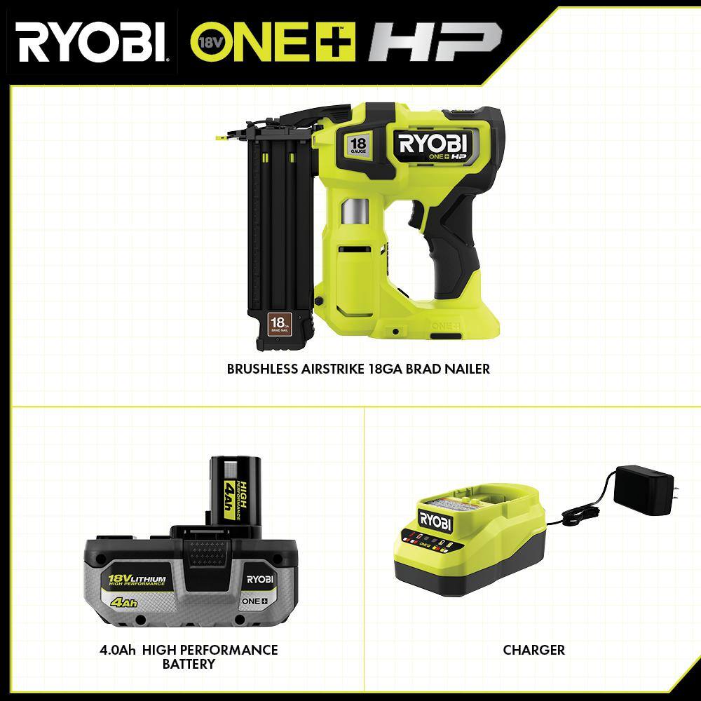 RYOBI P322K ONE+ HP 18V 18-Gauge Brushless Cordless AirStrike Brad Nailer Kit with 4.0 Ah Battery and Charger