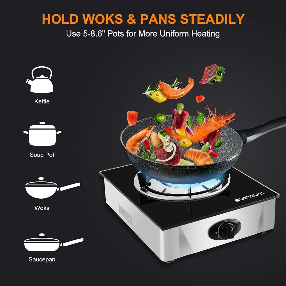 Camplux Propane Stove with Auto Ignition, Single Burner Propane Stoves 9,500 BTU, Tempered Glass Gas Cooktop