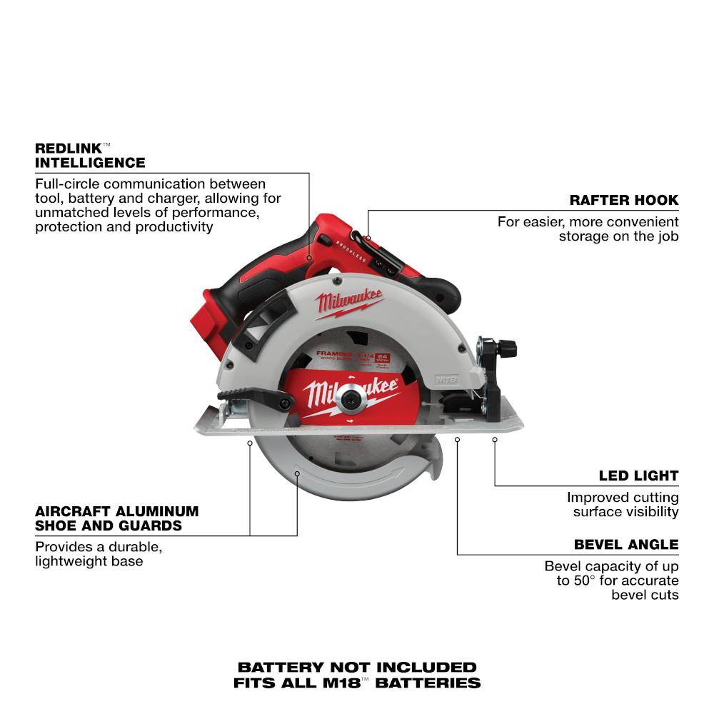 Milwaukee 2631-20-48-11-1850 M18 18V Lithium-Ion Brushless Cordless 7-1/4 in. Circular Saw with 5.0Ah Battery