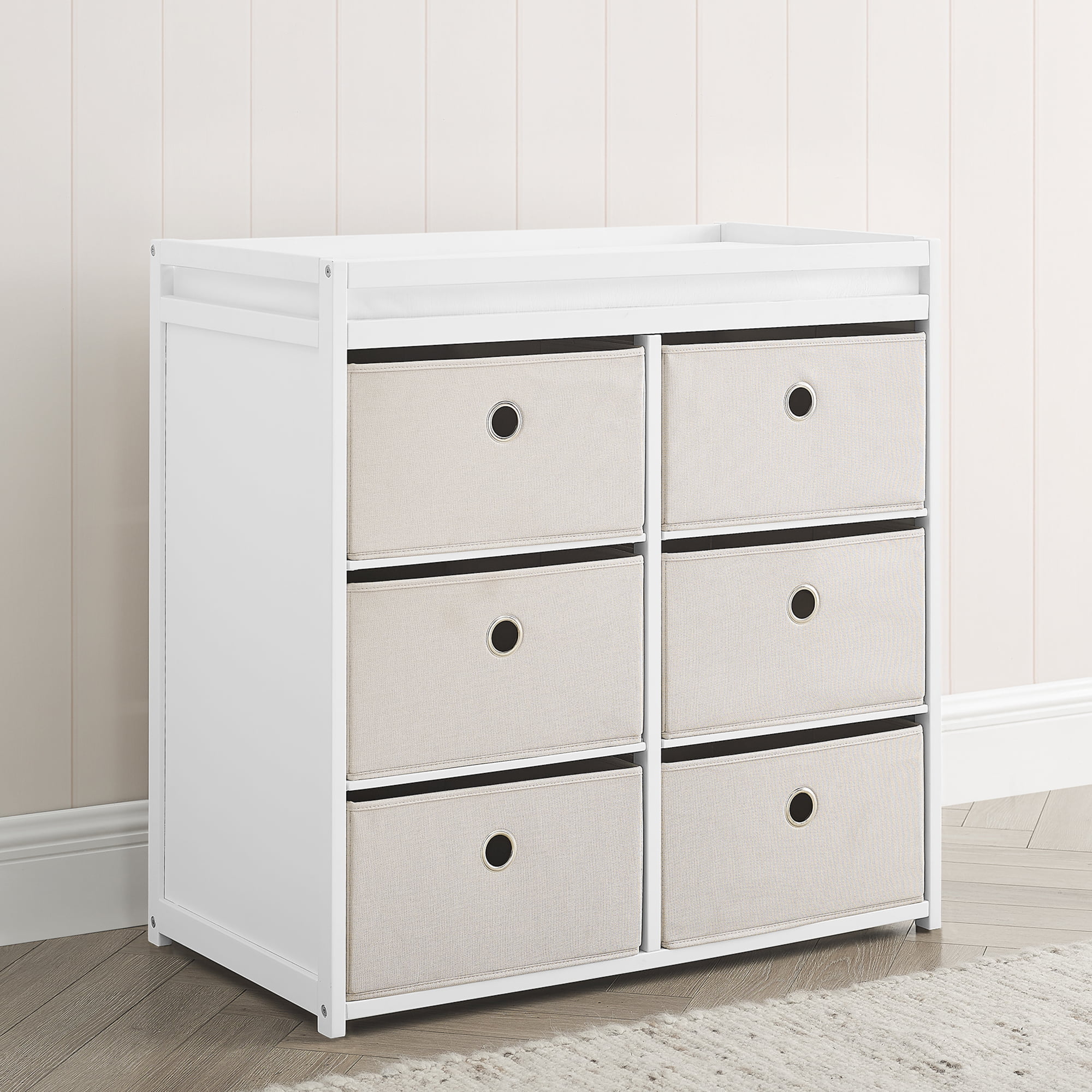 Delta Children Hayes Changing Table with Fabric Bins, Bianca White/Flax Bins