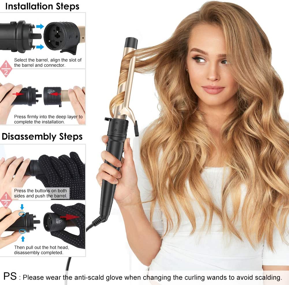 Duomishu 6 in 1 Curling Wand Set with 6 Interchangeable Ceramic Barrels with Anti-scalding Tip (0.35” to 1.25”) and Heat Resistant Glove, Hair Curler for Girls Women Gifts