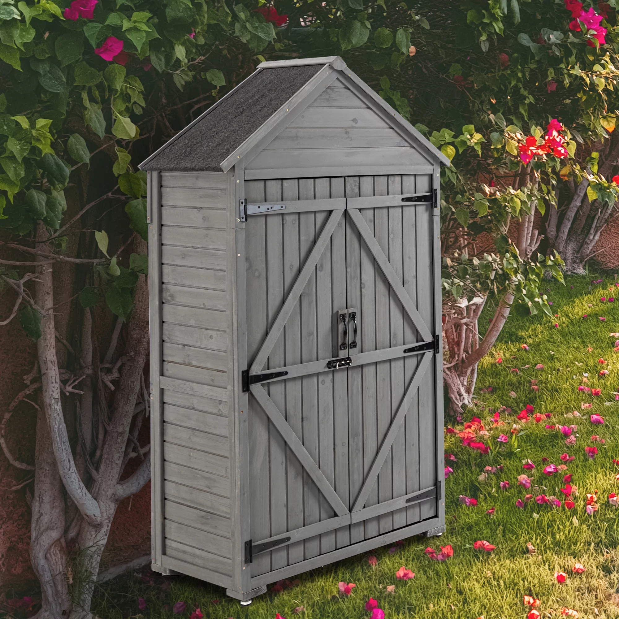 Holaki Outdoor Storage Cabinet. Garden Wood Tool Shed. Outside Wooden Shed Closet with Shelves and Latch for Yard 39.56x 22.04x 68.89