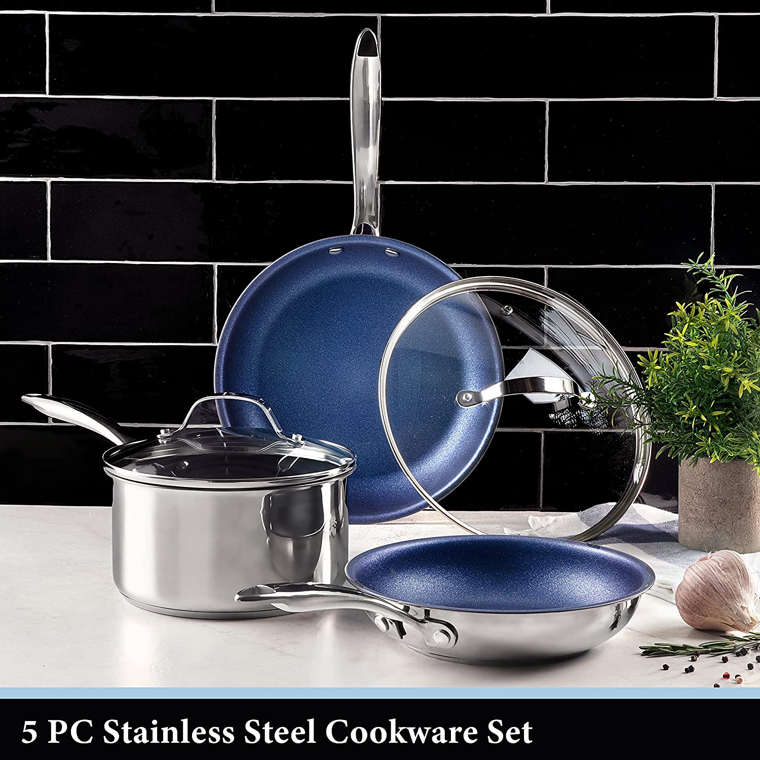 GRANITESTONE 7787 Classic Blue 5-Piece Stainless Steel Tri-Ply Nonstick Diamond Infused Coating Cookware Set