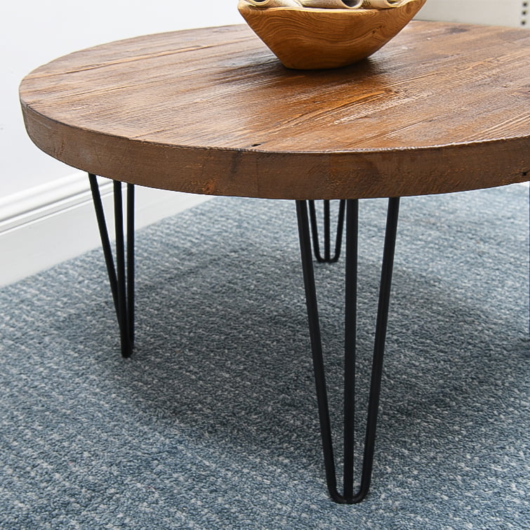 Greenage Old Pine Wood Round Coffee Table-27.6′′x27.6′′x15.5′′H