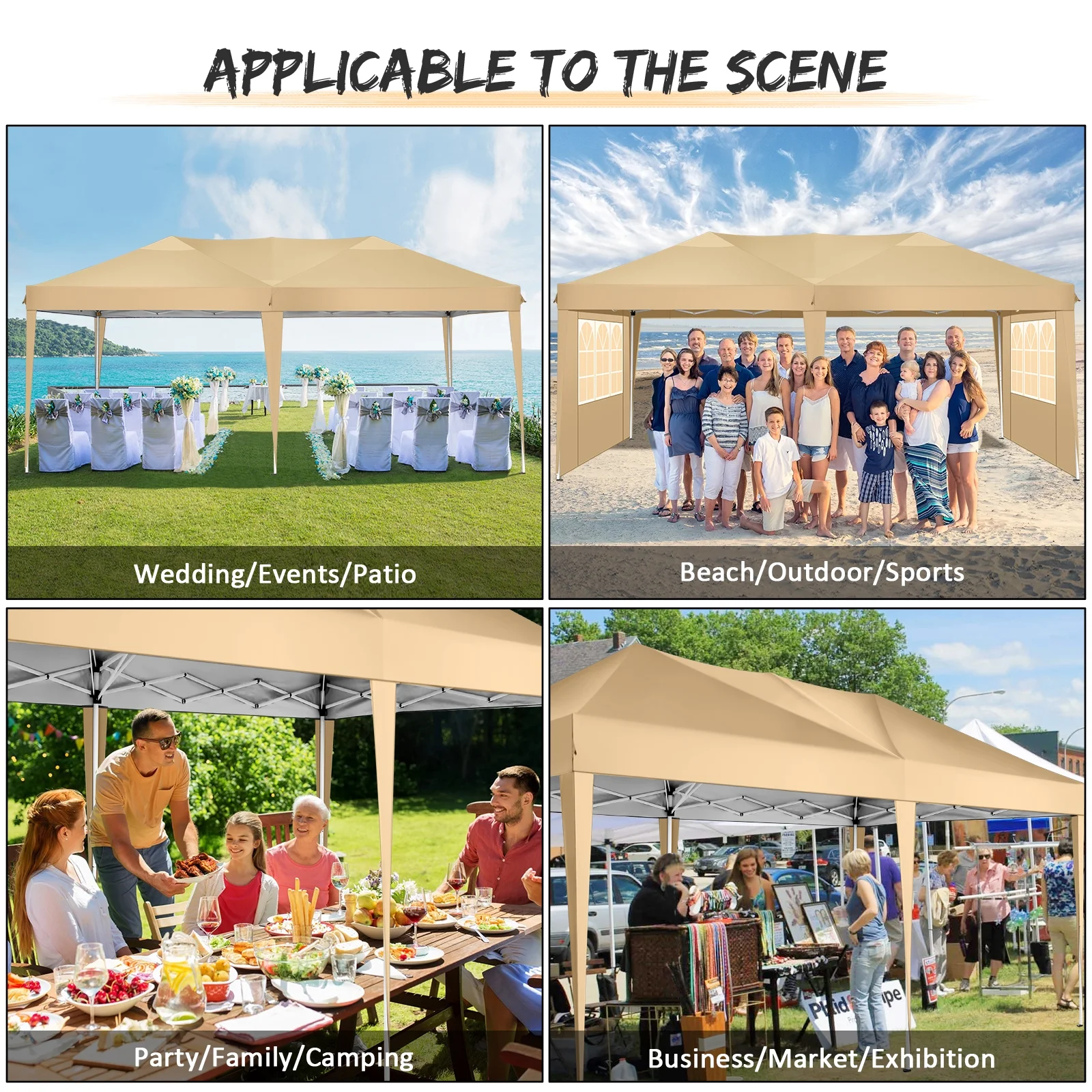 SANOPY 10' x 20' EZ Pop Up Canopy Tent Party Tent Outdoor Event Instant Tent Gazebo with 6 Removable Sidewalls and Carry Bag. Khaki