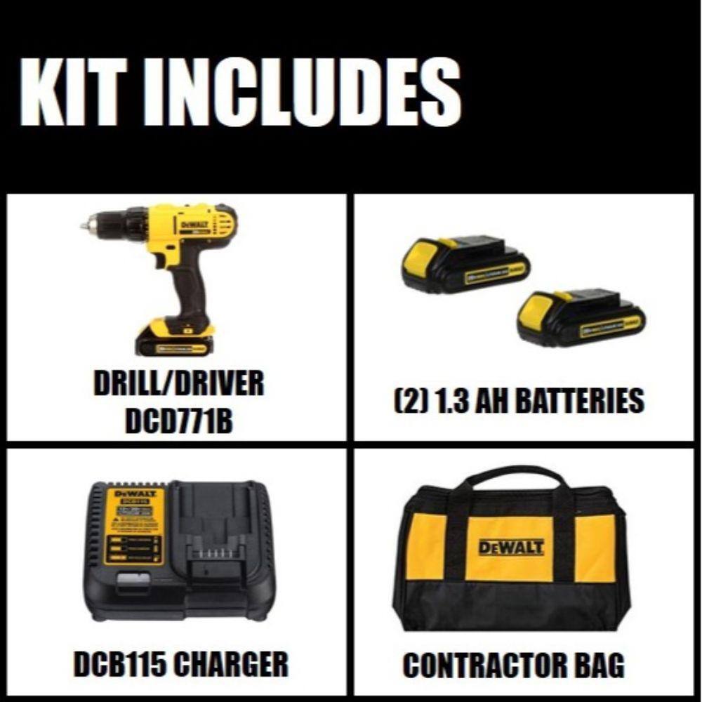 DEWALT DCD771C2 20V MAX Cordless 1/2 in. Drill/Driver, (2) 20V 1.3Ah Batteries, Charger and Bag