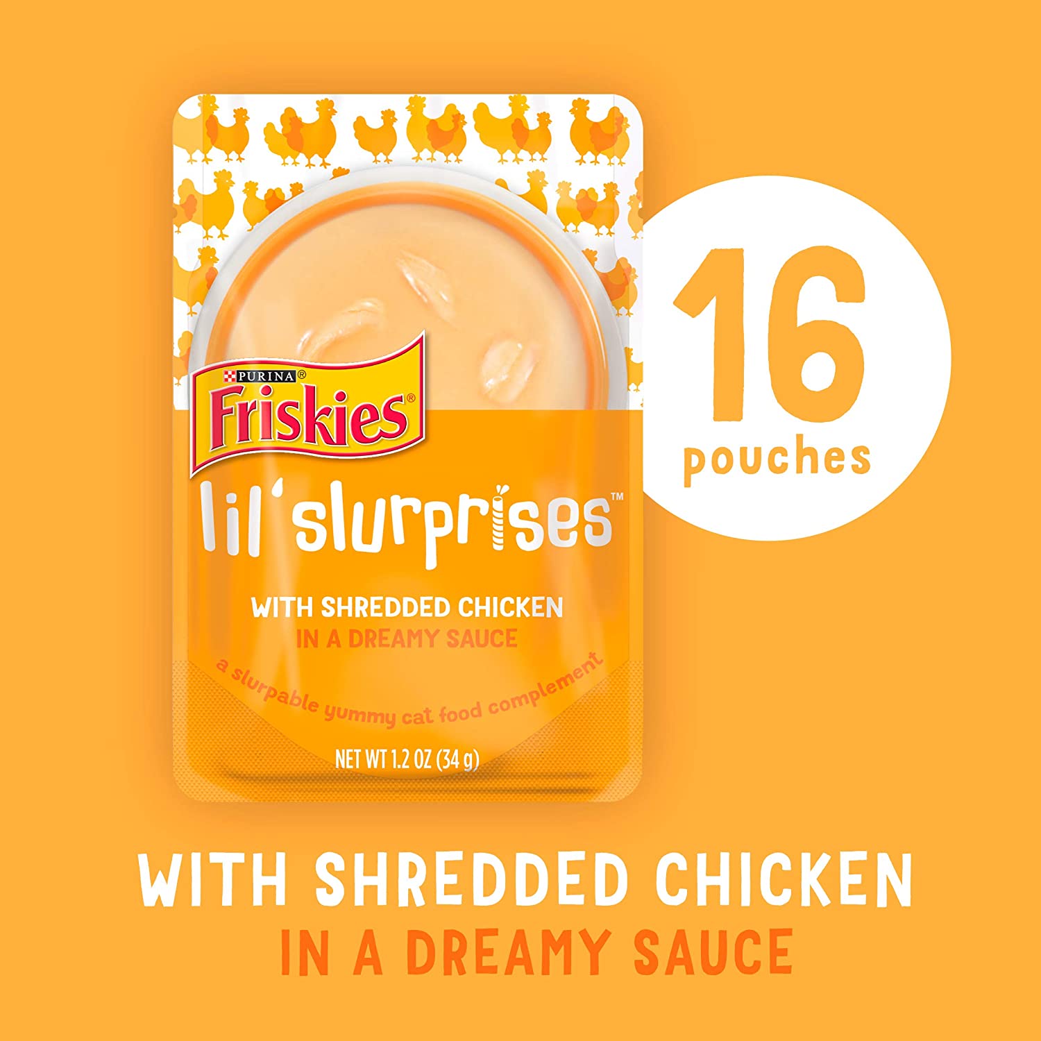 Purina Friskies Wet Cat Food Complement Lil’ Slurprises with Shredded Chicken in a Dreamy Sauce – (16) 1.2 oz. Pouches