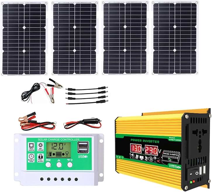 300W 12V to 110V/220V Solar System Power Inverter Kit,50A Power Controller 100W Waterproof Solar Panel with 1 Socket and 2 USB Ports Fast Charging Solar Panel Kit (Yellow, 220V)