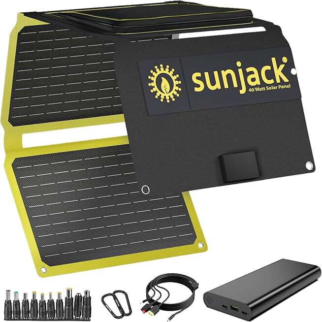 SunJack 40W Folding Portable Solar Panel Charger with Kickstands + 100W 25600mAh Power Bank, IP67 Waterproof ETFE and DC/USB-A/USB-C PD30 for Phone, Laptop, Power Station, Hiking, Camping, Emergency