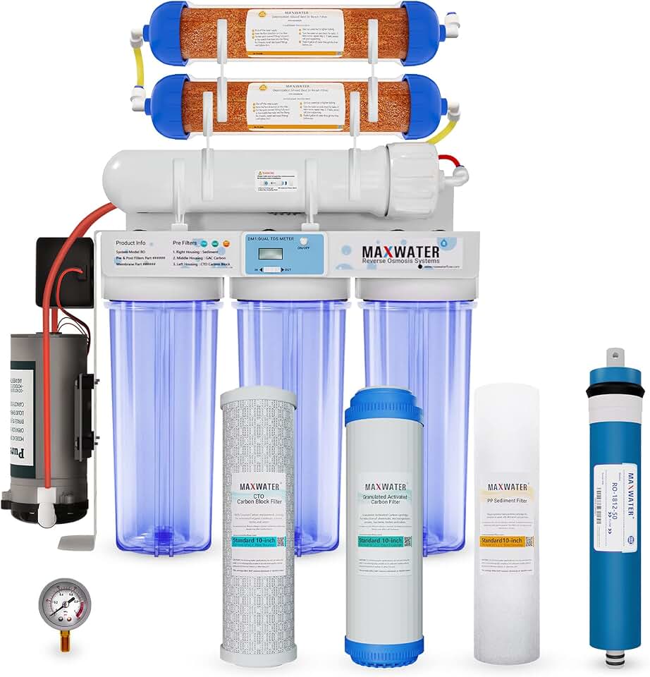 Max Water 6 Stage 50 GPD (Gallon Per Day) RODI (Reverse Osmosis Deionization) Water Filtration System + Dgital TDS Meter + Booster Pump for Aquarium