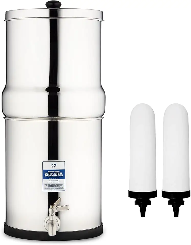 Survivor Filter Gravity Water Filter System - Stainless Steel Countertop, 2.25 Gallon Ceramic Filters for Home and Outdoors, Eliminates Viruses, Bacteria, and Parasites