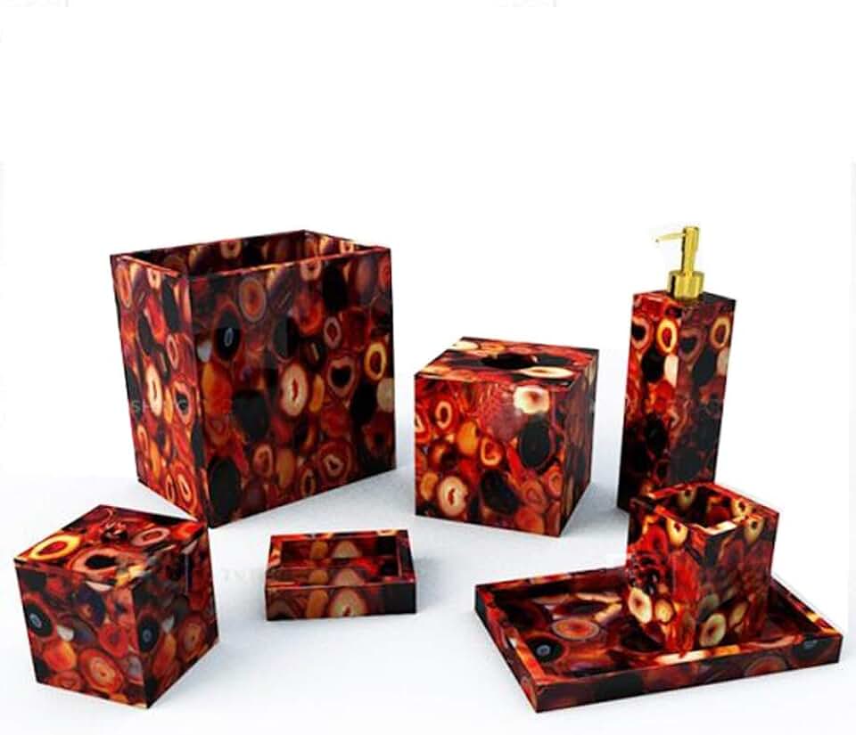 7 Pcs. Red Agate Bathroom Set, Agate Soap Dispenser, Agate Soap Dish, Agate Vanity Tray, Agate Box, Brush Holder, Canister, Tissue Box